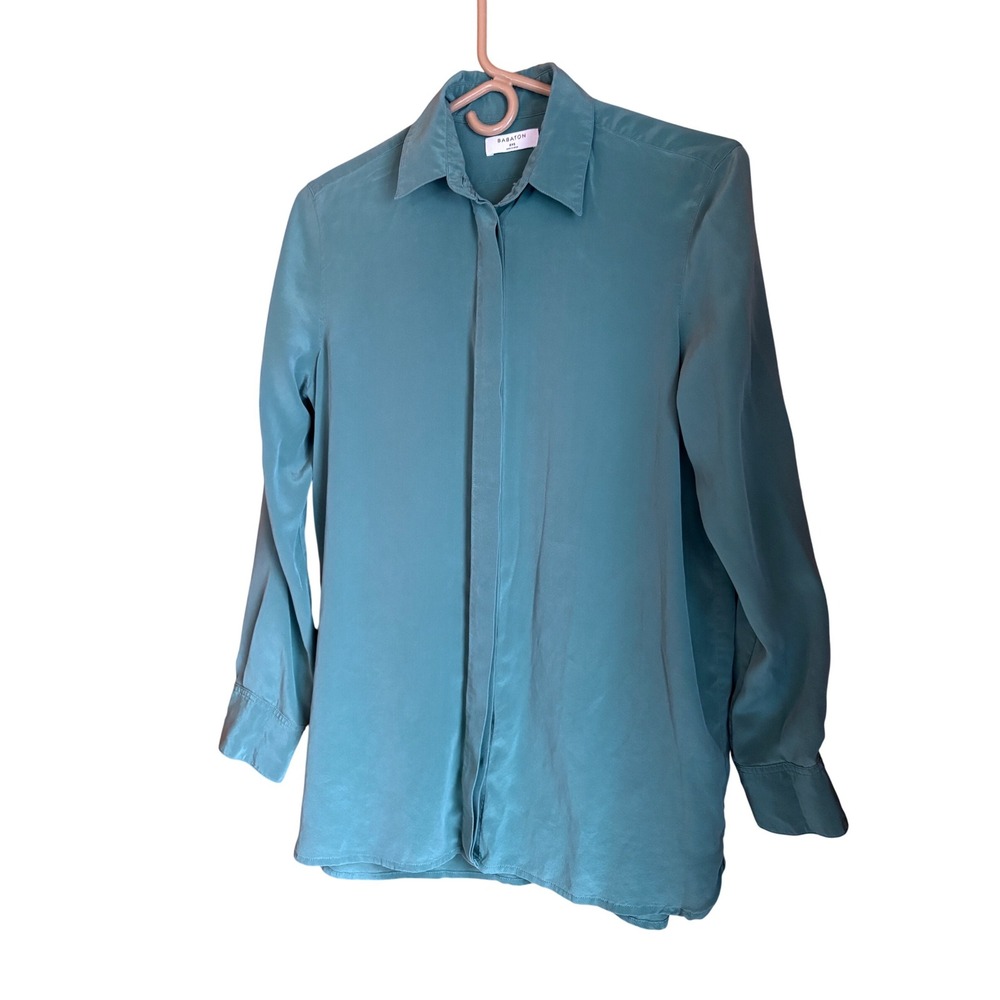 BABATON Women's Teal Silk Cottagecore Button Down Shirt Long Sleeve Size 2XS